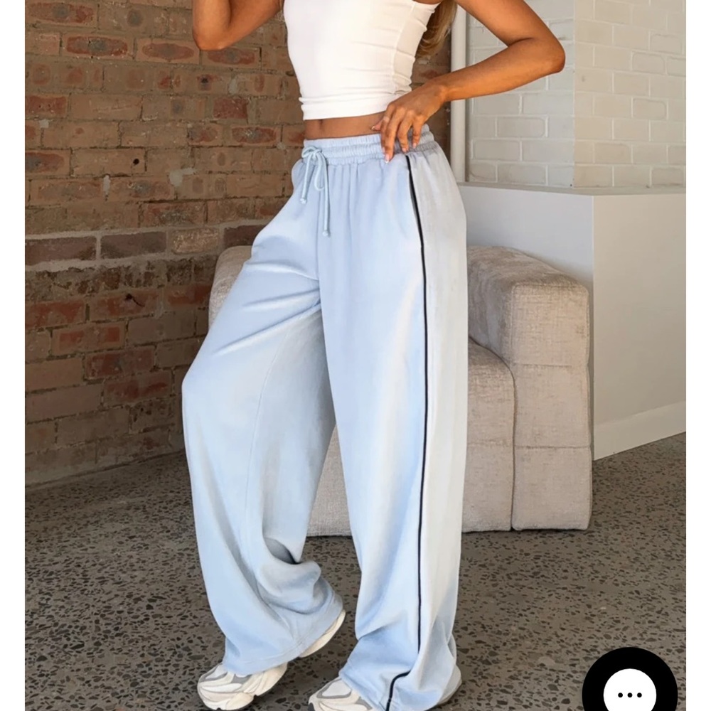 White fox Light Blue Wide Leg Track Pants with Black Side Stripe